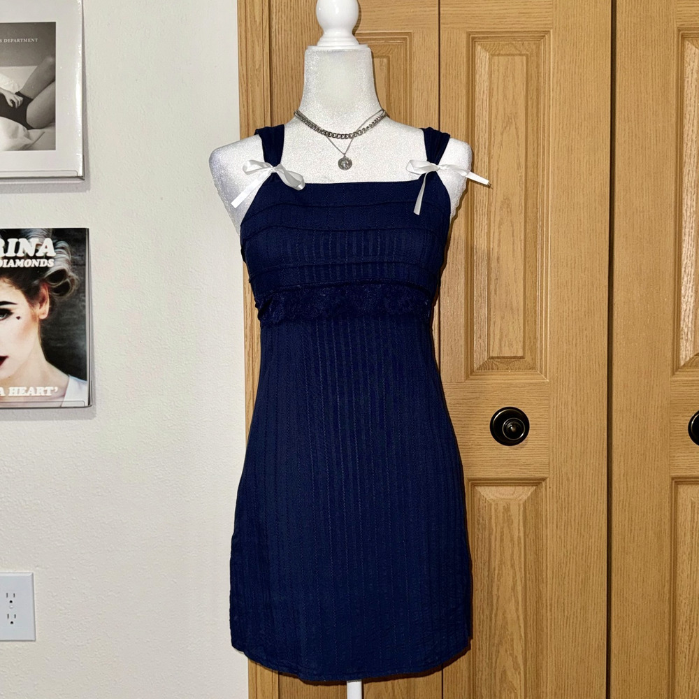 Shein Mini Dress Womens Medium Navy Blue Lace Trim Classic Tie Back Coquette